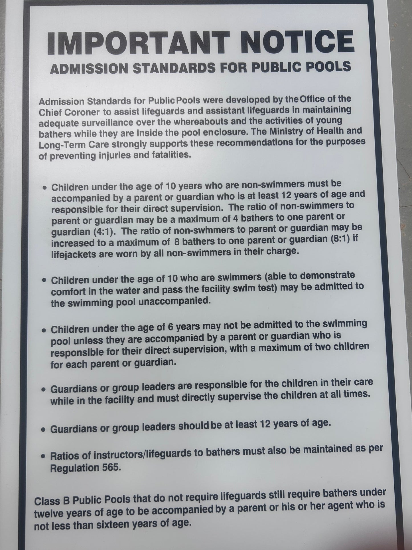 Admission Standards for Public Pools Signs